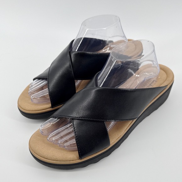 Clarks‎ Jillian Gem Wedge Sandal Black Leather Criss Cross Slip On Unworn SZ 11 - Picture 1 of 7